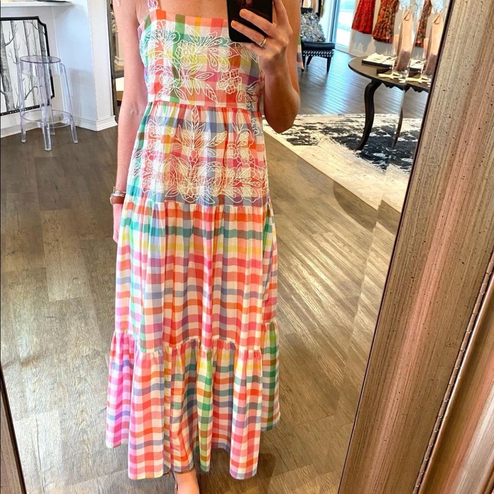 Ranna Gill Embroidered Gingham Tiered Maxi Dress